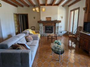 a living room with a couch and a fireplace at Le Petiou Landais in Soustons