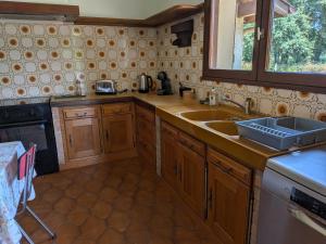 a kitchen with wooden cabinets and a sink and a window at Le Petiou Landais in Soustons +9 photos