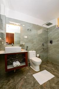 a bathroom with a toilet and a sink and a mirror at Hotel Karakoram in Leh +26 photos