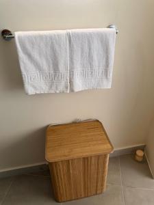 a bathroom with a towel hanging above a trash can at Tivat Cozy Studio in Tivat