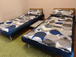 two beds sitting next to each other in a room at Līgatne Forest View Apartament in Skalupji