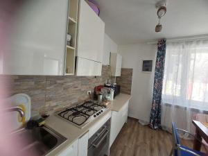 a kitchen with a stove top oven next to a window at Casa Curcubeu in Ceahlău +12 photos