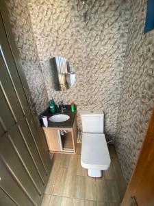 a bathroom with a toilet and a sink and a mirror at Casa da tami in Bonito +30 photos