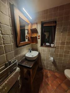 a bathroom with a sink and a mirror at Leśna Strzecha Domek in Rotembark +30 photos