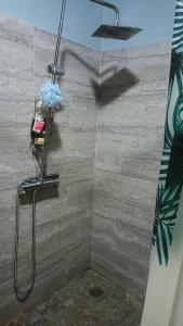 a shower with a shower head in a bathroom at Banian Camping petit déjeuner offert in Bora Bora