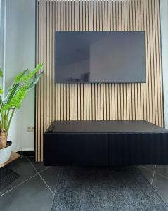un meuble TV noir avec un écran plat fixé au mur dans l'établissement The2C, à Godshuis