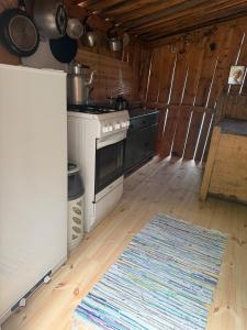 a kitchen with a stove and a rug at Vetleberget - simple living in Vaga