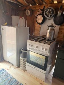 a kitchen with a stove and a refrigerator at Vetleberget - simple living in Vaga