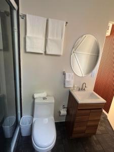 a bathroom with a toilet and a sink and a mirror at Lol-ha glamp in Temixco +5 photos