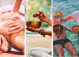 a group of three pictures of a man getting a massage at Lol-ha glamp in Temixco