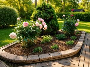 a flower garden with pink flowers and bushes at Nordic City Home in Lahti