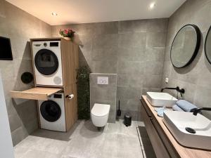 a bathroom with a washing machine and a sink at Bed & Wellness Chinel Luxe vakantiehuis met Sauna's en Bubbelbad in Sint Annaland