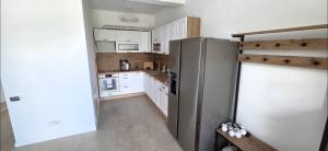 a kitchen with white cabinets and a stainless steel refrigerator at Cabana Bogdan Rânca in Ranca