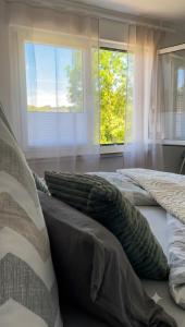 two beds in a room with two windows at Ferienwohnung Elya Gartenparadies nahe Events, Outlet und Spa in Bad Münstereifel