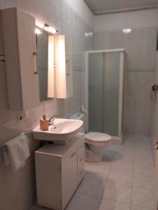 a bathroom with a sink and a toilet and a mirror at Casa Rural Mikelenea in Lecároz +24 photos