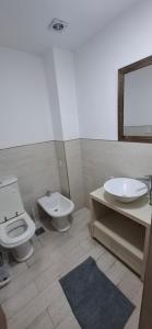 a bathroom with a toilet and a sink and a mirror at Apartamento Monte Grande Ameghino in Monte Grande