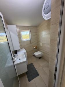 a small bathroom with a toilet and a sink at Garden beach house in Hamallë +10 photos