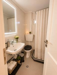 a white bathroom with a toilet and a sink at Aris Studios in Karlovasi