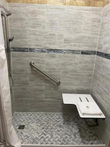 a shower with a toilet in a bathroom at Big Chief Motel in Battle Mountain +8 photos