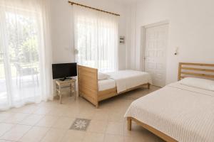 a bedroom with a bed and a tv and a window at Villa Elena in Ormos Panagias
