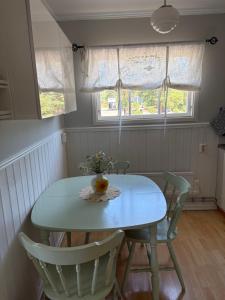 a white table with chairs and a vase of flowers on it at Lilla stugan Orust in Svanesund