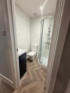 a white bathroom with a shower and a toilet at Homely Away in Plymouth