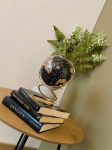 a pile of books on a table with a vase at the window in Domodossola