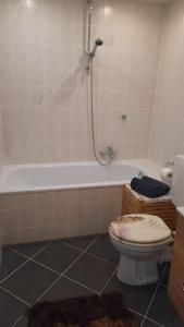 a bathroom with a toilet and a bath tub with a shower at Gästezimmer Heinebach in Alheim