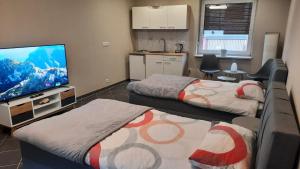 a room with two beds and a flat screen tv at Gästezimmer Heinebach in Alheim