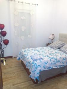 マドリードにあるMadrid Downtown Chamberiのベッドルーム1室(青と白のベッドカバー付)