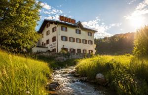a hotel on a hill next to a river at Alpine Serviced Apartment with Mountain Views in Cazis
