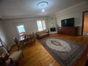 a living room with a couch and a television and a rug at Nature Gate Airport Hotel in Arnavutköy +15 photos