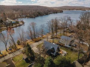 an aerial view of a river with a house at Paddle Point in West Milford