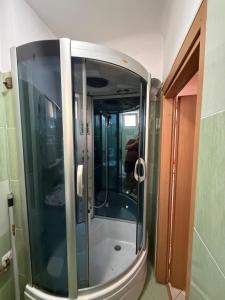 a shower in a bathroom with a glass door at GZP Residence Lugoj 2 in Lugoj