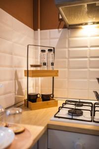 a kitchen with a stove and a counter top at Seyra Olive Studio in Ştefăneştii de Sus