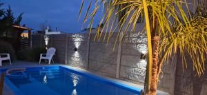 a palm tree next to a swimming pool at night at El Bagual de Monte XL in San Miguel del Monte