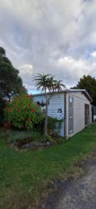 a small house with a palm tree in front of it at Pureanei in Rawene
