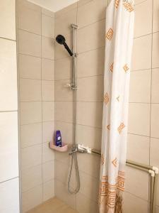 a shower with a shower curtain in a bathroom at Lola Guest House in Vusanje +32 photos