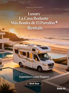 an rv parked in a parking lot next to a beach at White Queen in El Paredón Buena Vista