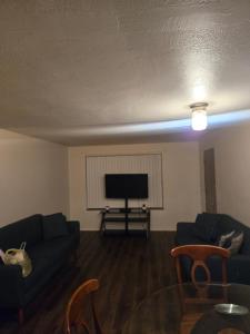 a living room with a couch and a television at Cute and Cozy in Hermann I Heliport