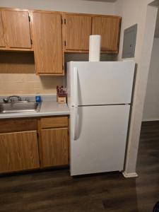 a white refrigerator in a kitchen with wooden cabinets at Cute and Cozy in Hermann I Heliport