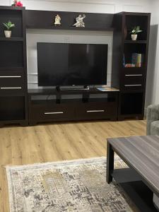 a large entertainment center with a flat screen tv at Cozy Private Basement Suite East Windsor in Windsor