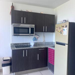 a kitchen with a microwave and a refrigerator at Apartamento Ocean View in La Chumicosa