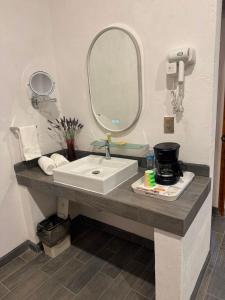 a bathroom with a sink and a mirror at Hotel del Carbón in Villa del Carbón