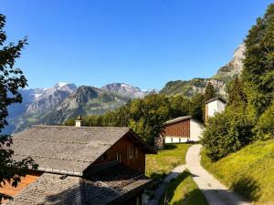 a house on a hill with mountains in the background at Abenteuer Turm in Braunwald