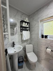 a bathroom with a white toilet and a sink at Forest Hills in Yaremche +33 photos