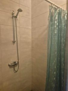 a shower with a green shower curtain in a bathroom at Korter in Tartu