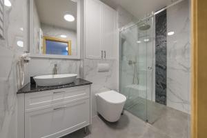 a bathroom with a sink and a toilet and a shower at Apartamenty MAREA in Jurata +107 photos