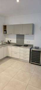 a kitchen with white cabinets and a stove top oven at Eastern Blue Beachfront Apartment in Poste Lafayette +6 photos