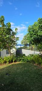 a view of a yard with trees and grass at Eastern Blue Beachfront Apartment in Poste Lafayette